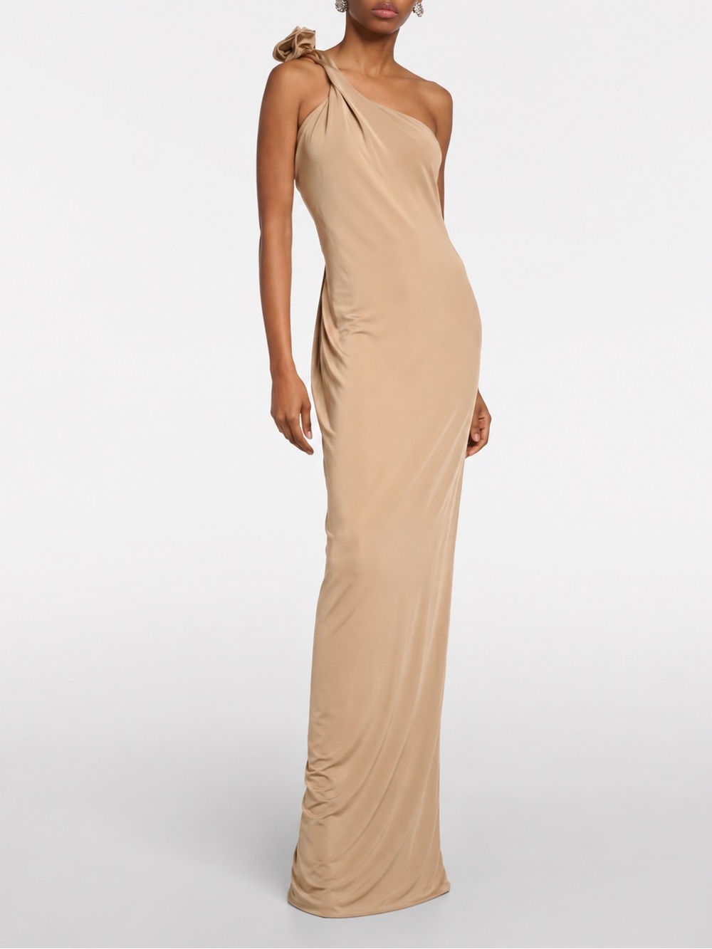 Magda Butrym One-Shoulder Nude/Tan Twist Halter Gown